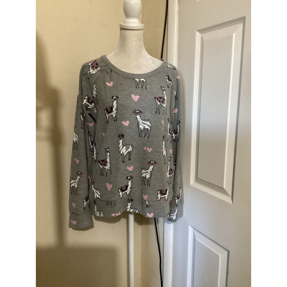 Chaser Llama Heart Print Sweatshirt Gray Raglan Long Sleeve CW6395 Womens Medium